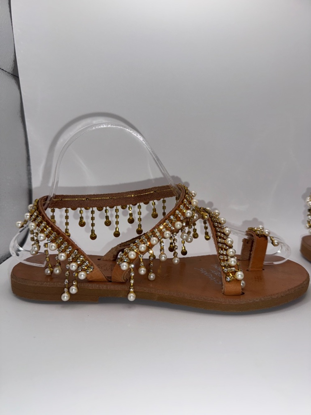 Innovative Greek Sandals GSP Real Leather Pearl Rhinestone Gold Flat Sandal - Picture 7 of 16